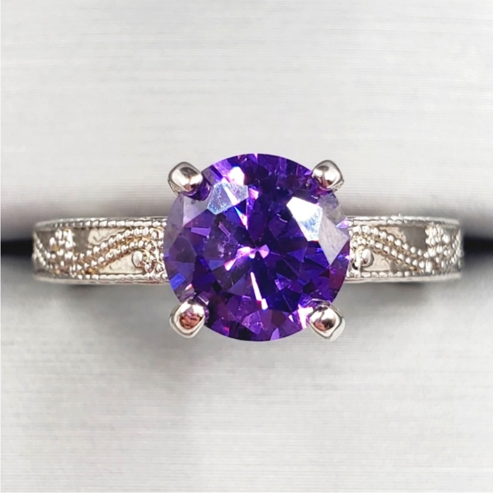 Round Amethyst Simulant Rhodium Plated Silver Tone Solitaire Ring